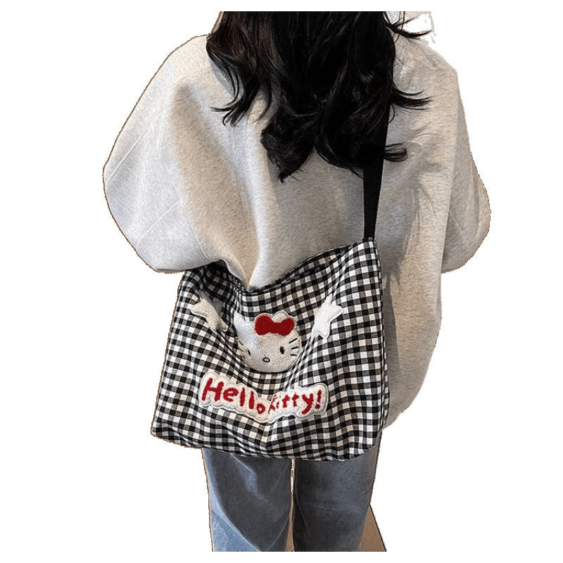 Cute Hellokitty Check Pattern Shoulder Bag Female Cartoon Large Capacity Crossbody Canvas Bag