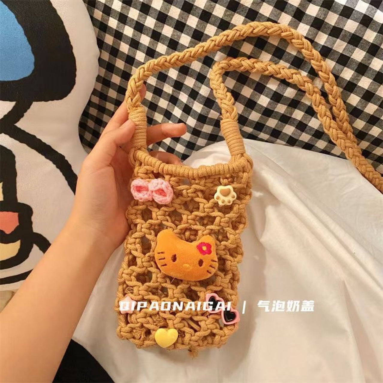 Cute Hawaiian Style Handmade Knitted Messenger Bag Playful Daily Vacation Versatile Mini Phone Bag