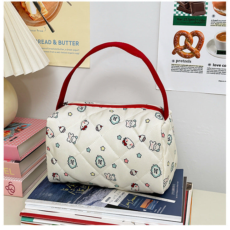 Cute Quilted Cosmetic Bag with Cartoon Print, Portable Travel Toiletry Organizer for Women