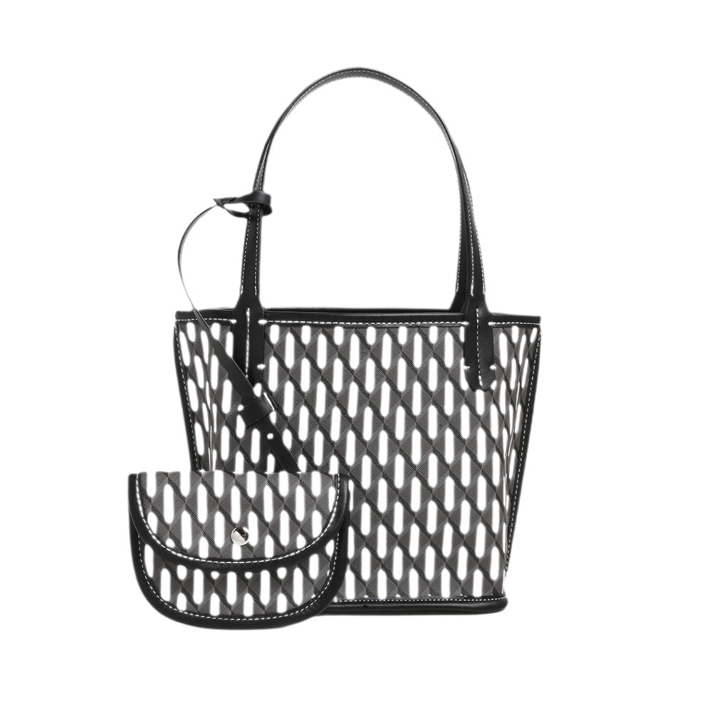 New Tote Bag Women's Large Capacity Commuting Fashion Portable Bucket Bag Black and White Lattice Pattern Dog Teeth Bag