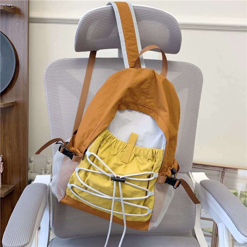 Lightweight Contrast Color Backpack Breathable Drawstring Front Bag Leisure Travel Backpack