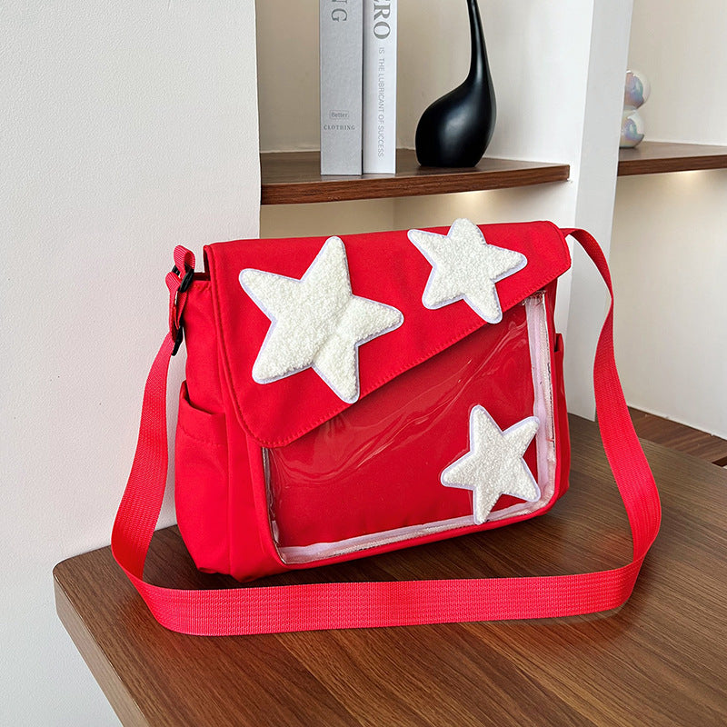 Trendy Star-Embellished Crossbody Bag 2024 Spring New Style Casual Chic Shoulder Bag with Transparent Panel and Soft Nylon Material