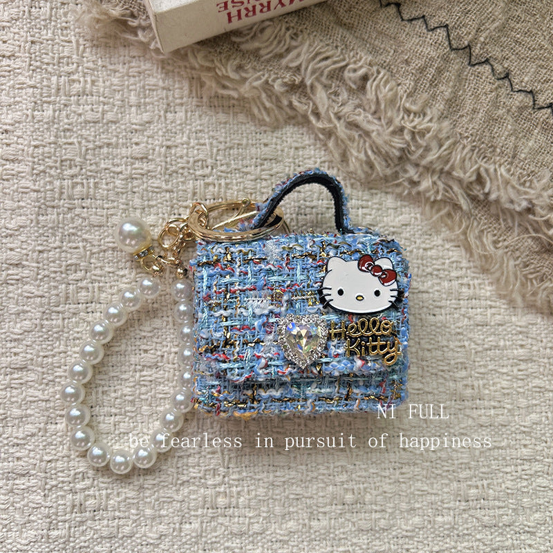 Korean Style New Retro Dots Cartoon Cat Lipstick Pack Pearl Exquisite High Sense Versatile Pendant Keychain for Women
