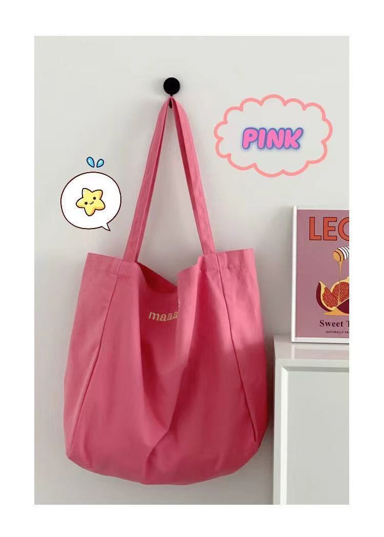 Cute Candy Color Canvas Tote Bag with Letter Print and Fluffy Charm for Daily Use and School