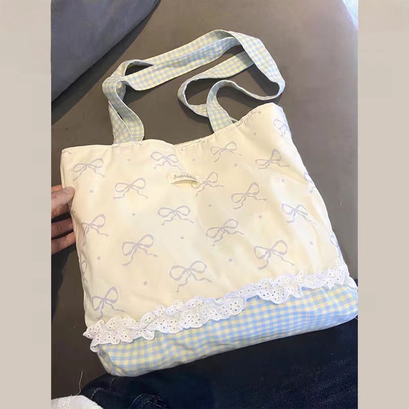 2025 New Elegant Bowknot Lace Tote Bag for Women, Casual Summer Fashion with Charming Details and Practical Inner Pockets
