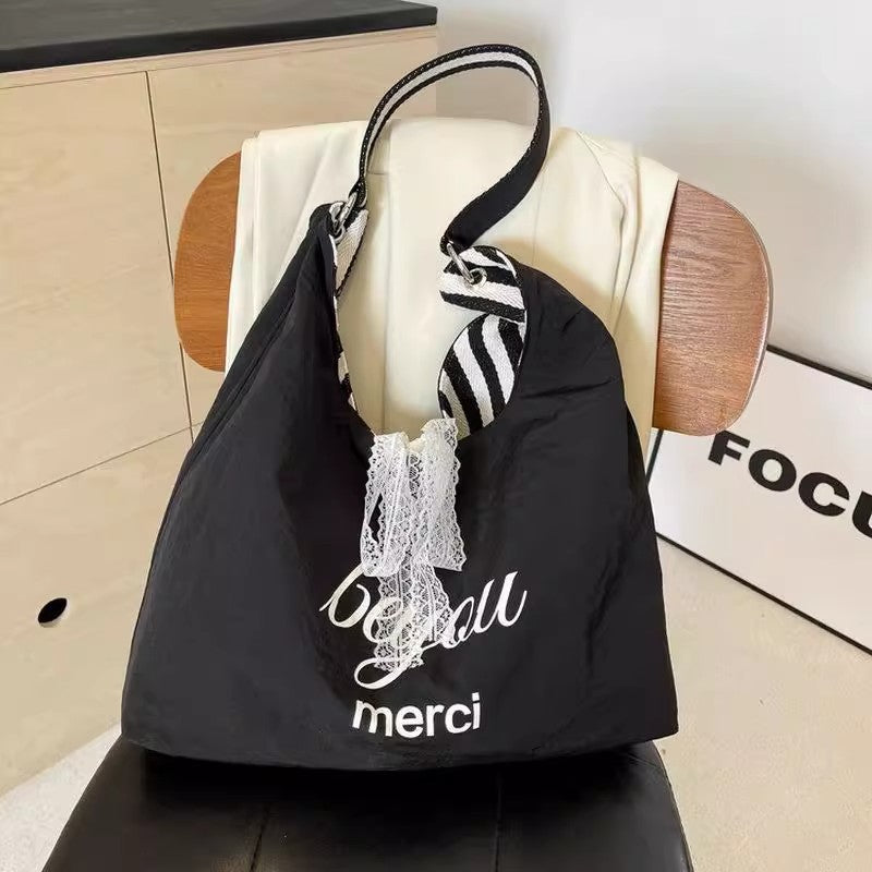 2025 New Fashion Striped Tote Bag for Women, Large Capacity Canvas Shoulder Bag with Lace Detail, Perfect for Daily Use and University