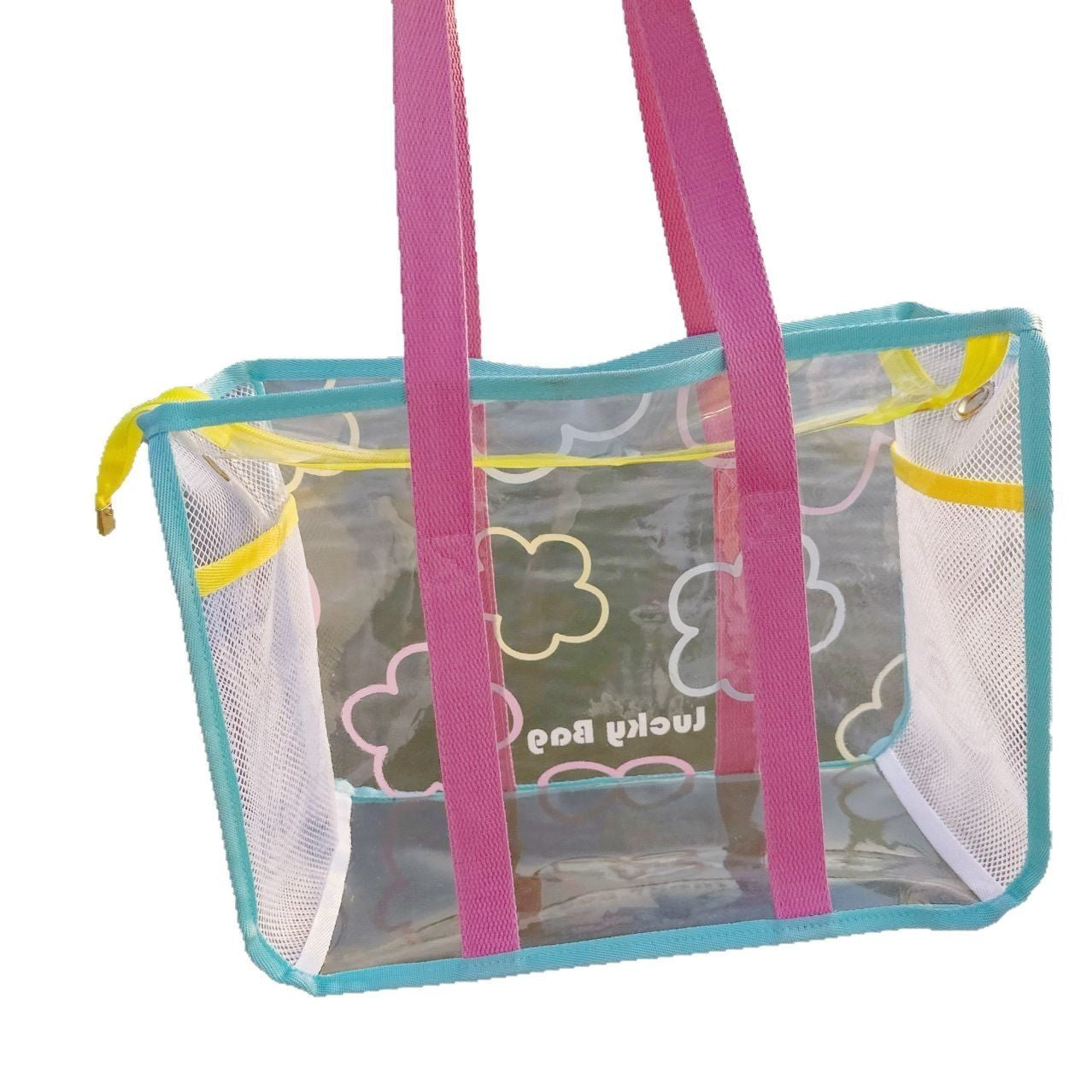 Transparent Waterproof Beach Bag with Summer Print, Large Capacity for Swimwear and Toiletries, Perfect for Pool and Travel