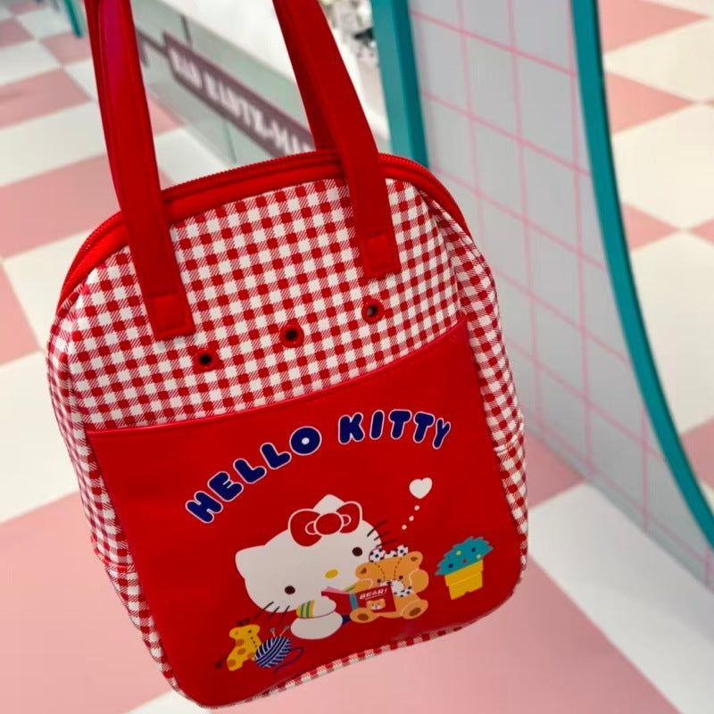 Hello Kitty Checkered Tote Bag with Cute Cartoon Design for Daily Use