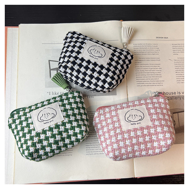 Japanese Style Simple Small Wallet Girls' Woven Plaid Fabric Bag Mini Zipper Coin Pocket