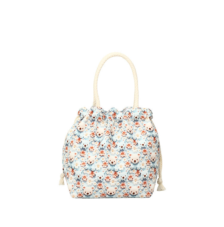 Makeup Bucket Mobile Phone Bag Female Sweet Fresh Pastoral Style Printed Tote Bag Lightweight Drawstring Bundle Bag