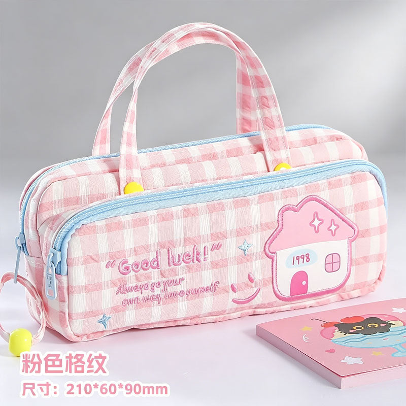 Cute Double-Layer Pattern Lucky Embroidery Pencil Case Large Capacity Portable Portable Ins Style Dopamine Good-looking Stationery
