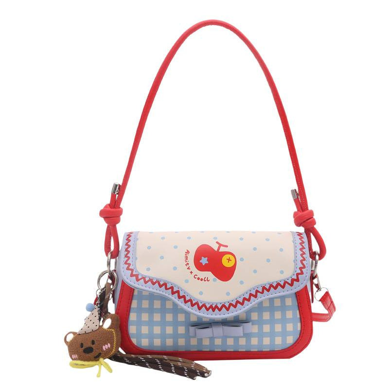 Cute Apple Small Square Bag Urban Simple Style Plaid Bow Design Fashionable All-Match Shoulder Messenger Bag