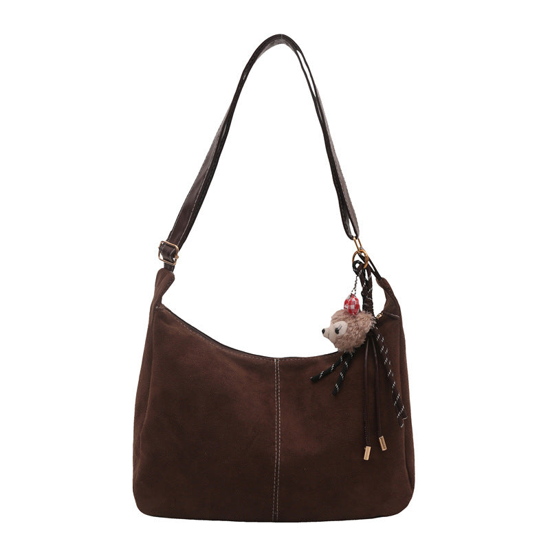 Vintage Tote Bag for Women, Large Capacity Shoulder Crossbody Bag with Cute Plush Charm, Elegant Commute Style