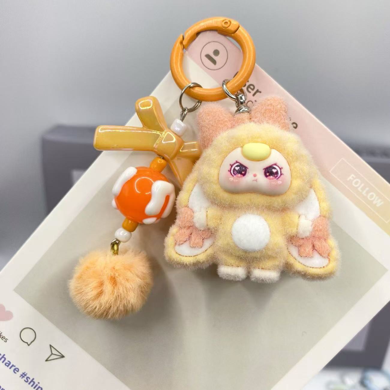 Cute Cartoon Plush Keychain with Pom-Pom and Charm - Perfect Gift for Kids and Girls