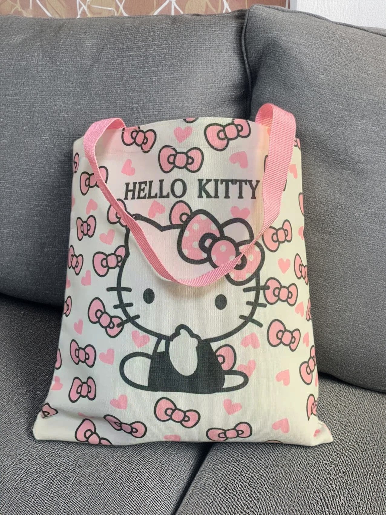 Hello Kitty Canvas Tote Bag with Cute Plush Charm, Large Capacity Shoulder Bag for Women, Perfect for Daily Use and Travel
