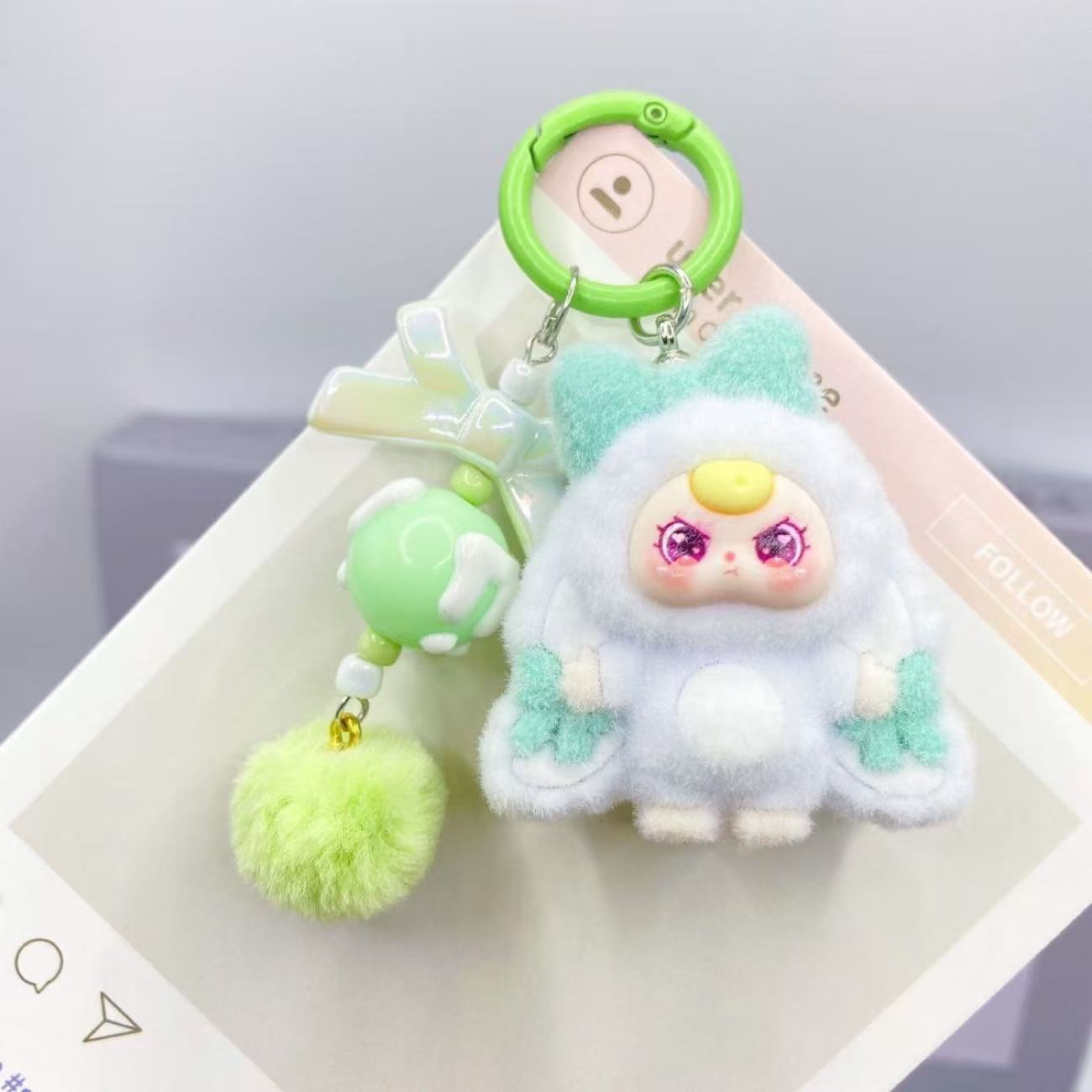Cute Cartoon Plush Keychain with Pom-Pom and Charm - Perfect Gift for Kids and Girls