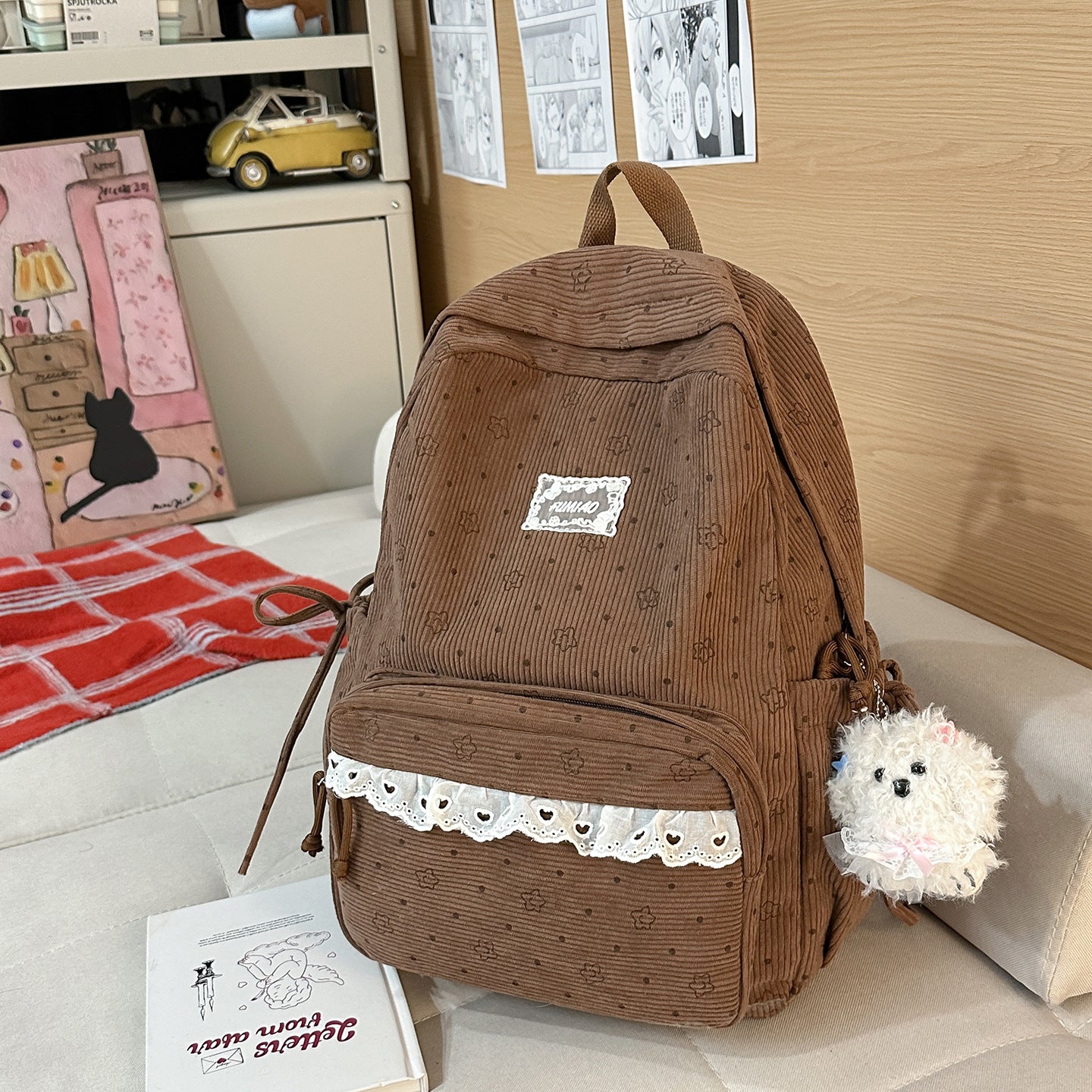 Artistic Fresh Student Backpack Soft Corduroy Material Lace Large Capacity Breathable Design