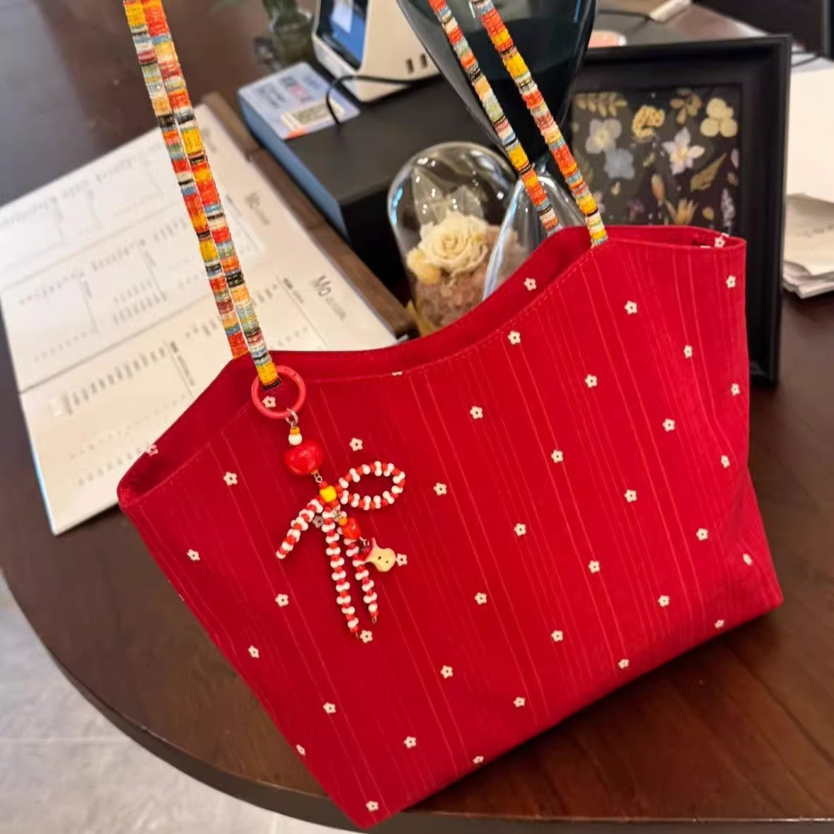 Korean Style Floral Canvas Tote Bag with Colorful Beaded Strap and Sweet Bow Charm for Daily Use