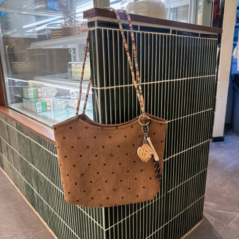 New Women's Tote Retro Corduroy Polka Dot Bow Fashion Shoulder Commuter Bag Everyday Joker