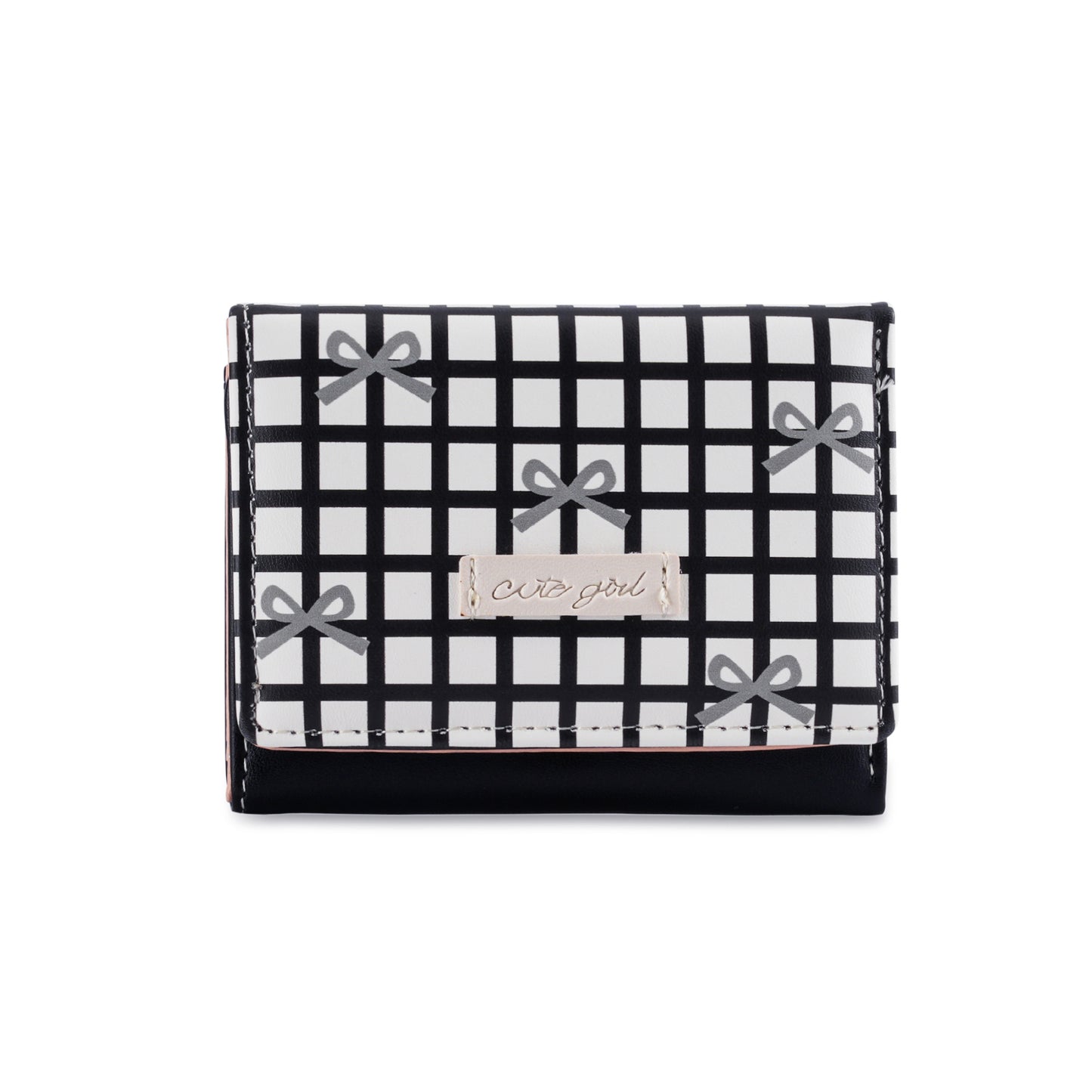 Cute Bow Grid Pattern Trifold Wallet for Women, Sweet and Simple Daily Style