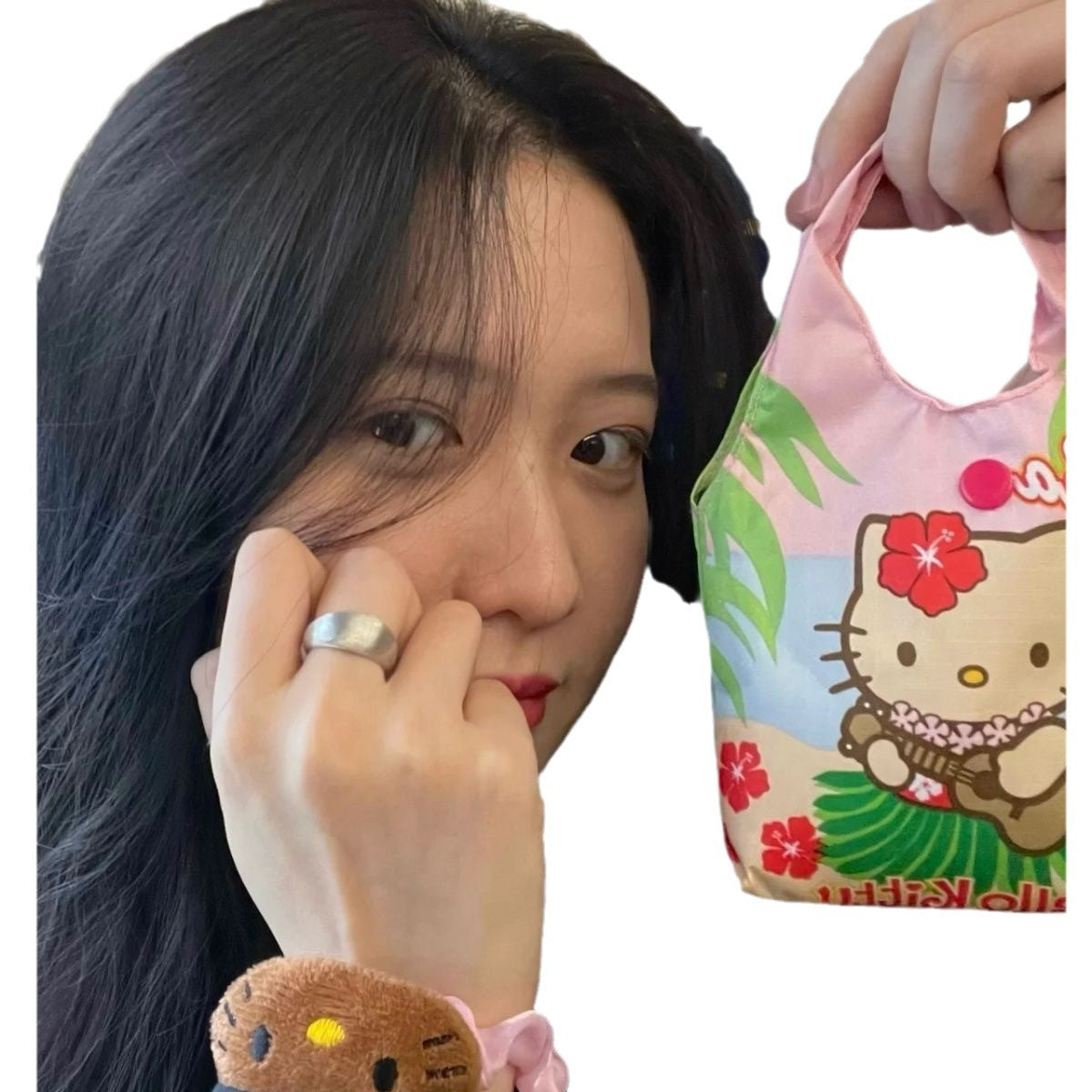 Cute Hello Kitty Mini Crossbody Bag with Plush Charm - Adorable Canvas Shoulder Bag for Daily Use and School