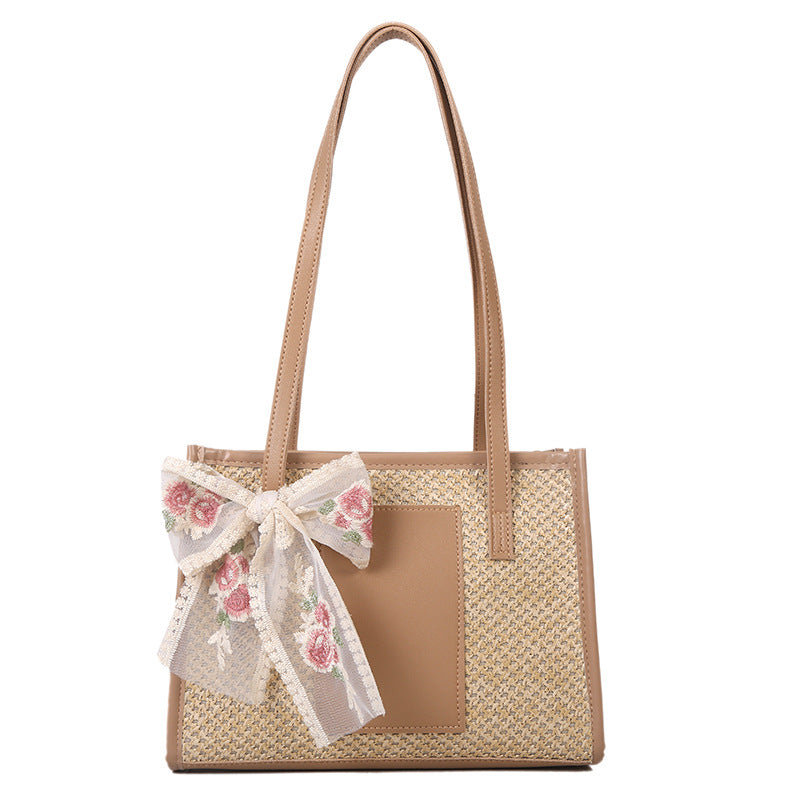 Woven Tote Bag Women's Spring Fashion Embroidered Flower Bow Tie Large Capacity Retro Style Handbag