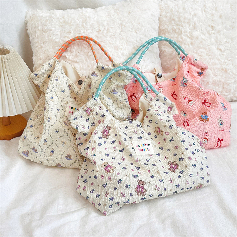 Korean Cartoon Embossed Canvas Bag Women's Large Capacity Canvas Bag Portable Beach Vacation Handbag