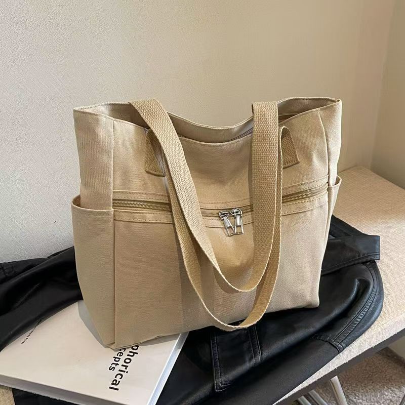 Korean Style Minimalist Canvas Tote Bag with Zipper Closure, Large Capacity Everyday Shoulder Bag for Women