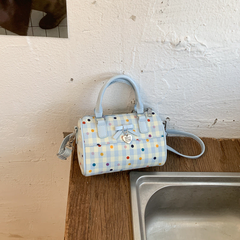 Cute Korean Summer Handbag with Polka Dot Bowknot Design, Soft Cylinder Shape Tote for Daily Use