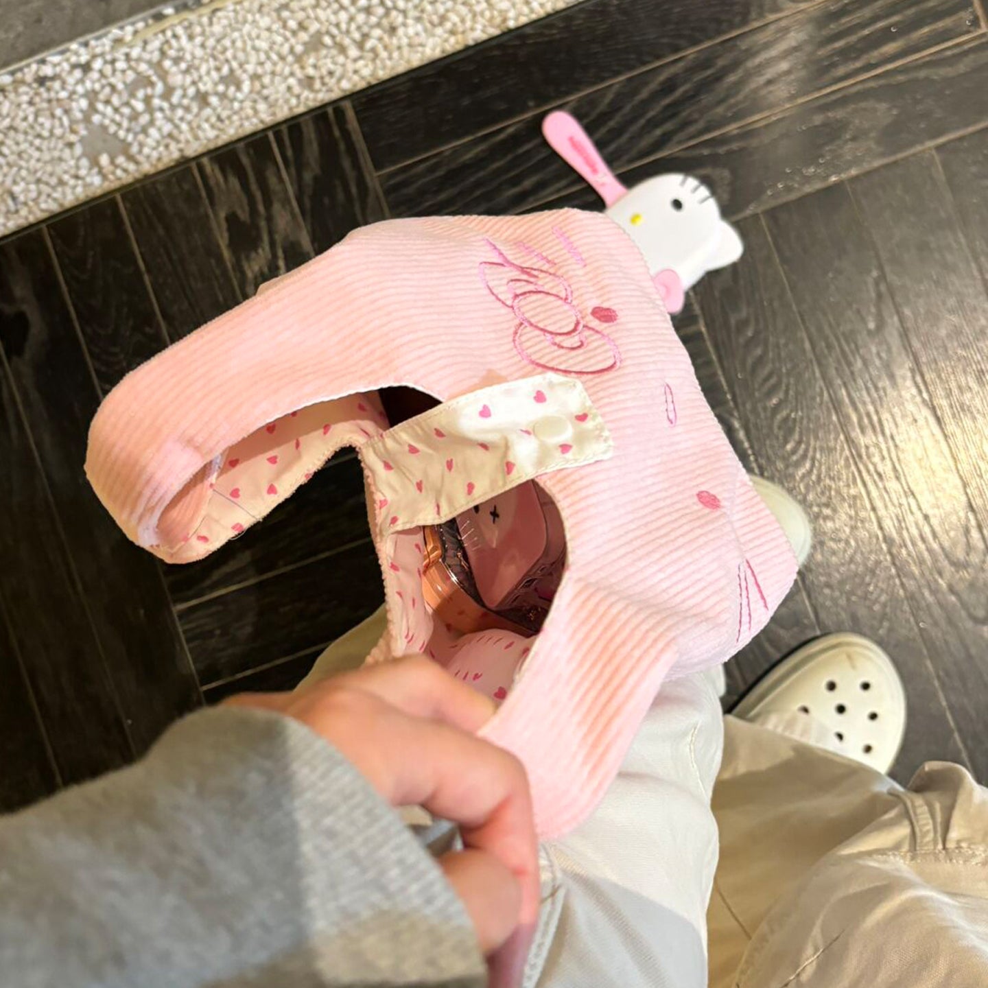 Cute Cartoon Cat Corduroy Handbag Heart-Shaped Pattern Everyday Joker out of Portable Bag