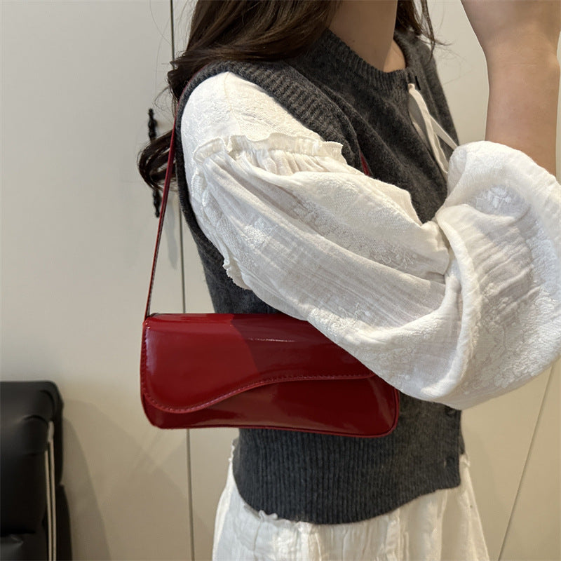 Casual Patent Leather Underarm Bag Women's New Textured Solid Color Graceful and Fashionable Portable Shoulder Bag