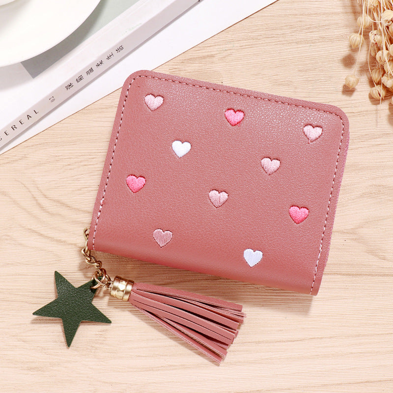 Cute Heart Embroidery PU Wallet for Women with Tassel Charm and Star Pendant, Compact Card Holder for Daily Use
