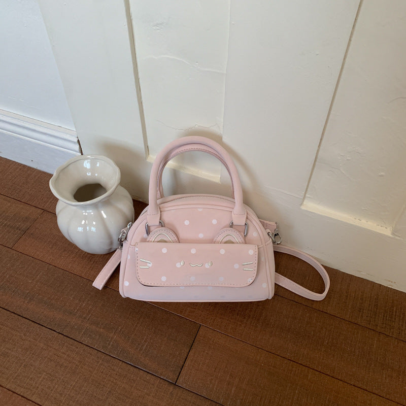 Cute Polka Dot Boston Bag with Embroidered Ears and Charm Pendant, Fashionable Crossbody Handbag for Women