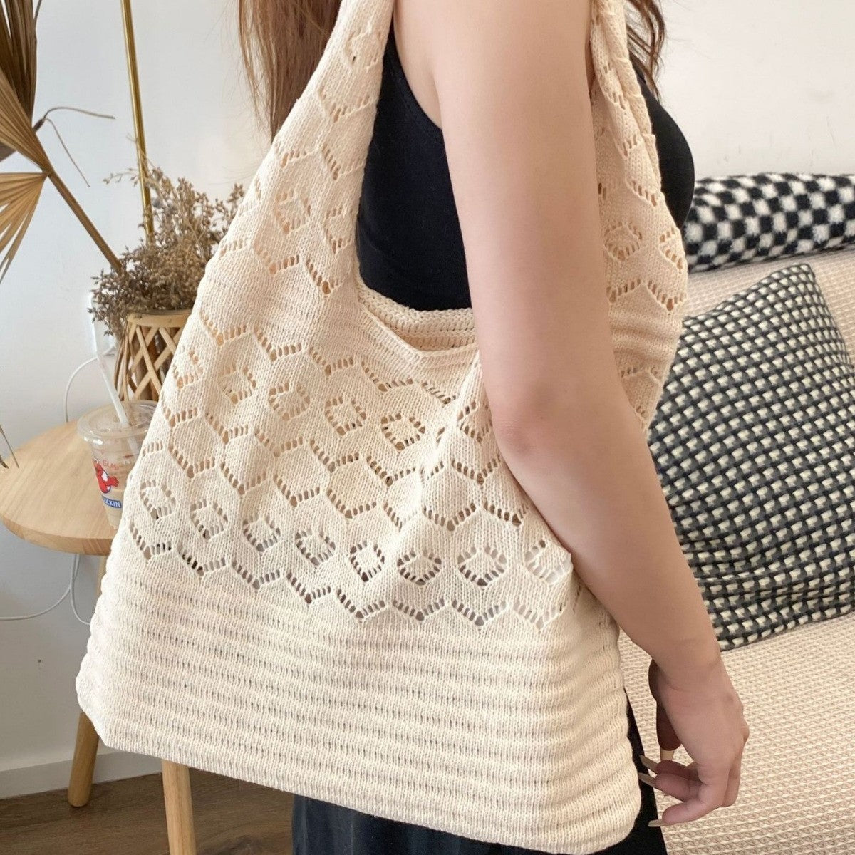 Women's Shoulder Bag Retro Mesh Hollow out Hand-Woven Tote Bag Shoulder Hand-Carrying Dual-Use Daily Commuter Shopping Versatile