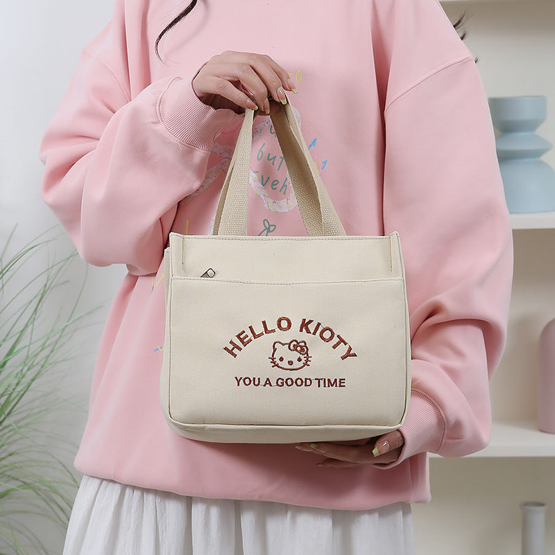 Cute Embroidered Canvas Tote Bag with Hello Kitty Design, Perfect for Daily Use, School, Work, and Carrying Lunchbox
