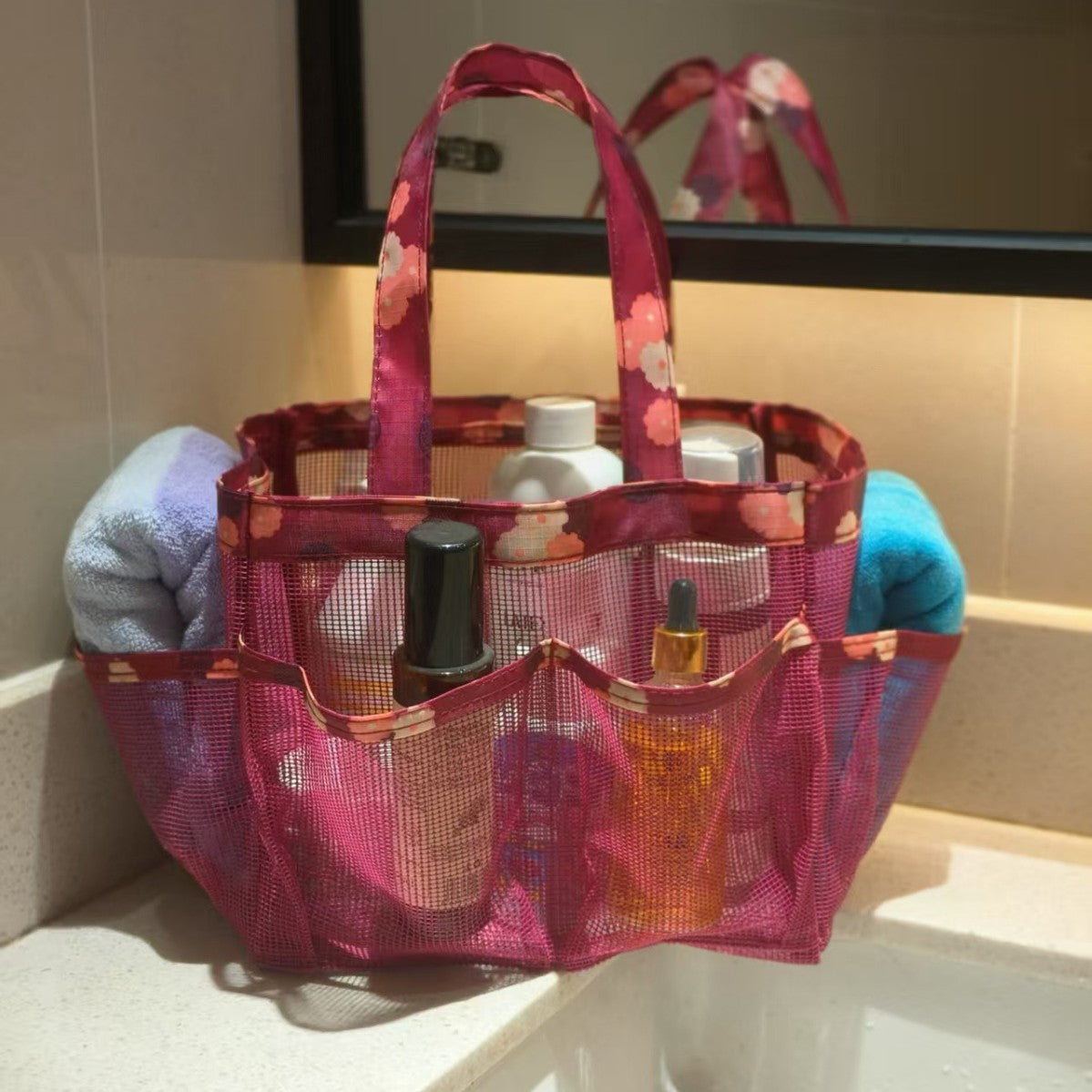 Mesh Tote Bag for Bathroom, Beach, Gym & Outdoor Use - Foldable, Breathable, Waterproof Storage Organizer