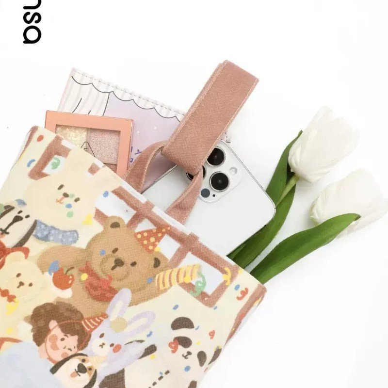 Cute Cartoon Bear Girl Canvas Tote Bag with Vintage Paint Style Print, Magnetic Closure, Perfect for Daily Use and School