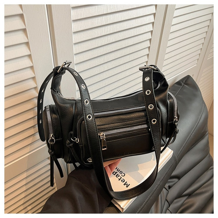 Korean Street Style Moto Bag with Rivets and Tassels, Multi-Pocket Shoulder Crossbody Bag for Daily Fashion