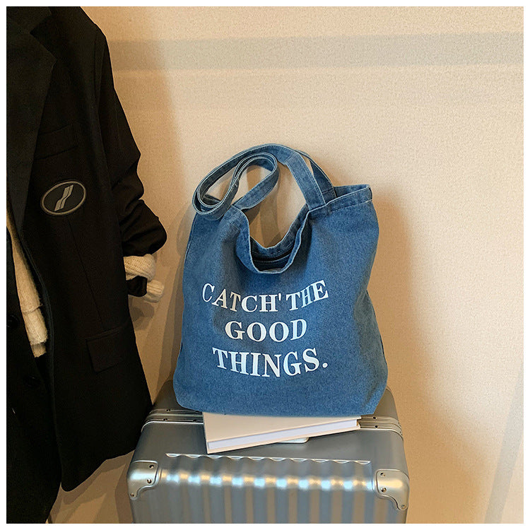 Korean Style Letter Ins Style Denim Bag Large Capacity Versatile Casual Shoulder Bag Trendy Personality Tote Bag