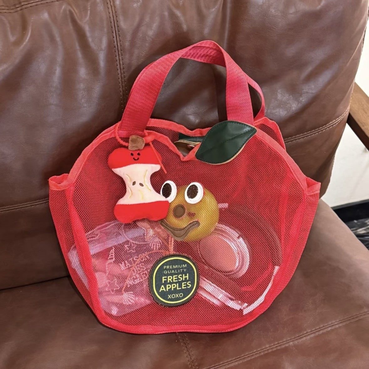 Cute Mesh Tote Bag with Embroidered Fruit Design, Perfect for Summer Beach and Daily Use