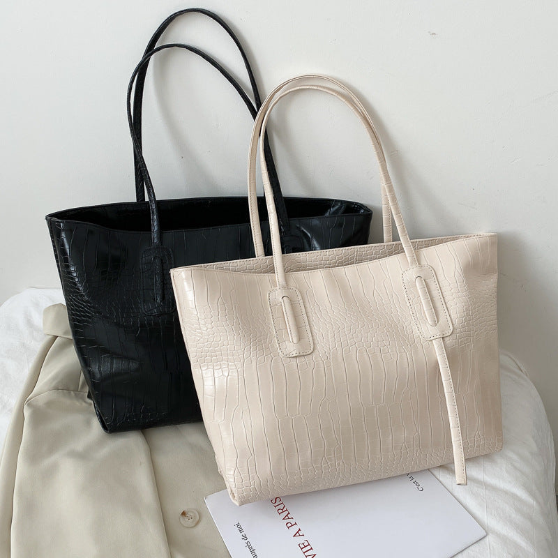 Stylish Crocodile-Textured Tote Bag for Women, Large Capacity Everyday Shoulder Bag with Fashionable Stone Pattern Design