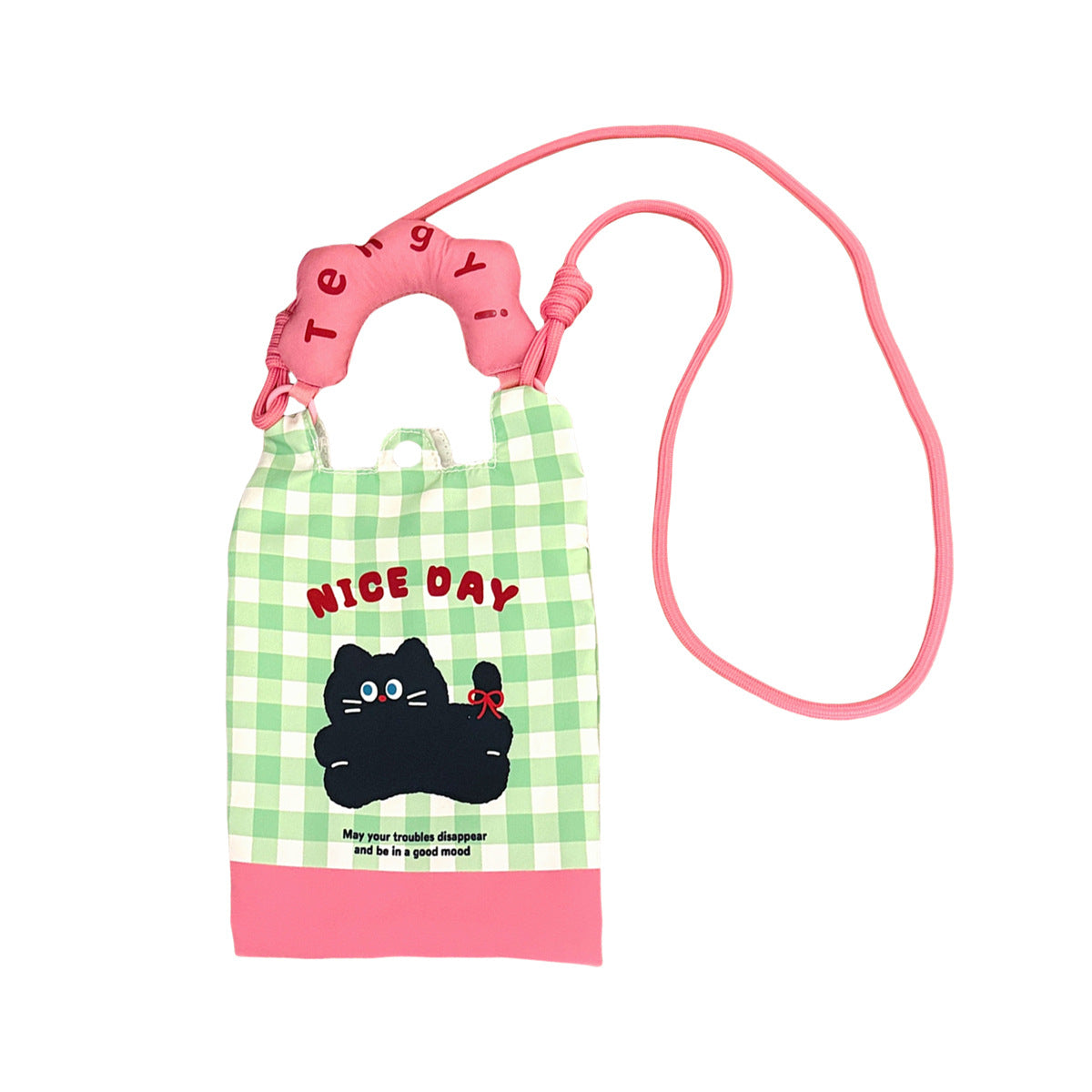 Cute Cartoon Mobile Phone Bag Adjustable Shoulder Strap Portable Daily Cute Cat Plaid Design Storage Messenger Bag