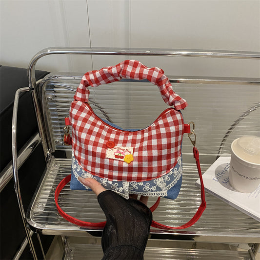 Korean Style Checkerboard Crossbody Bag 2025 Summer New Fashion Casual Simple Shoulder Bag with Lace Trim and Cherry Patch