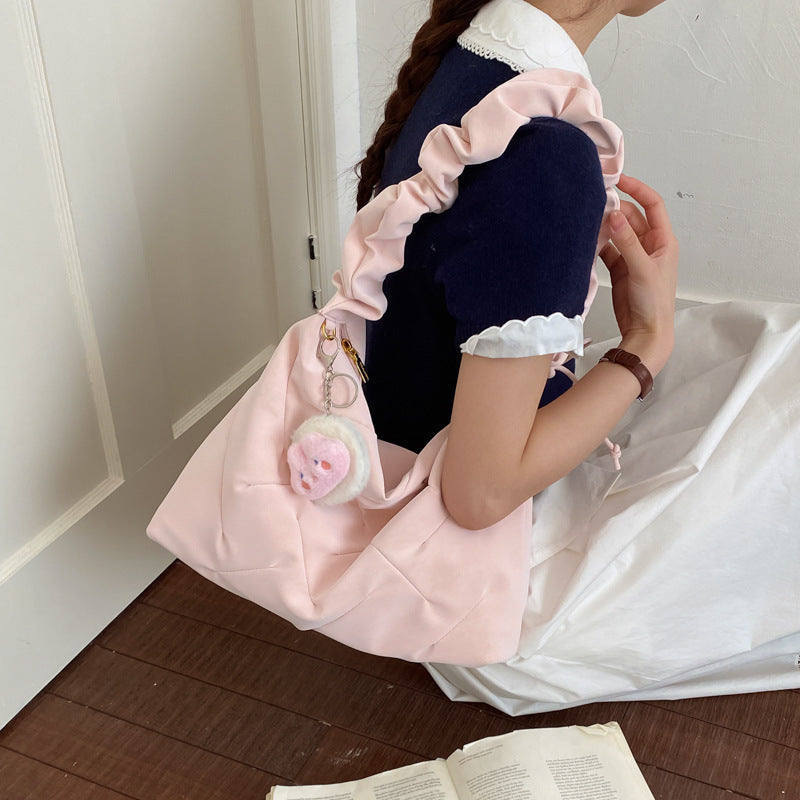 2026 New Korean Style Large Capacity Shoulder Bag with Cute Pom-Pom Charm, Soft Quilted Design for Daily Use