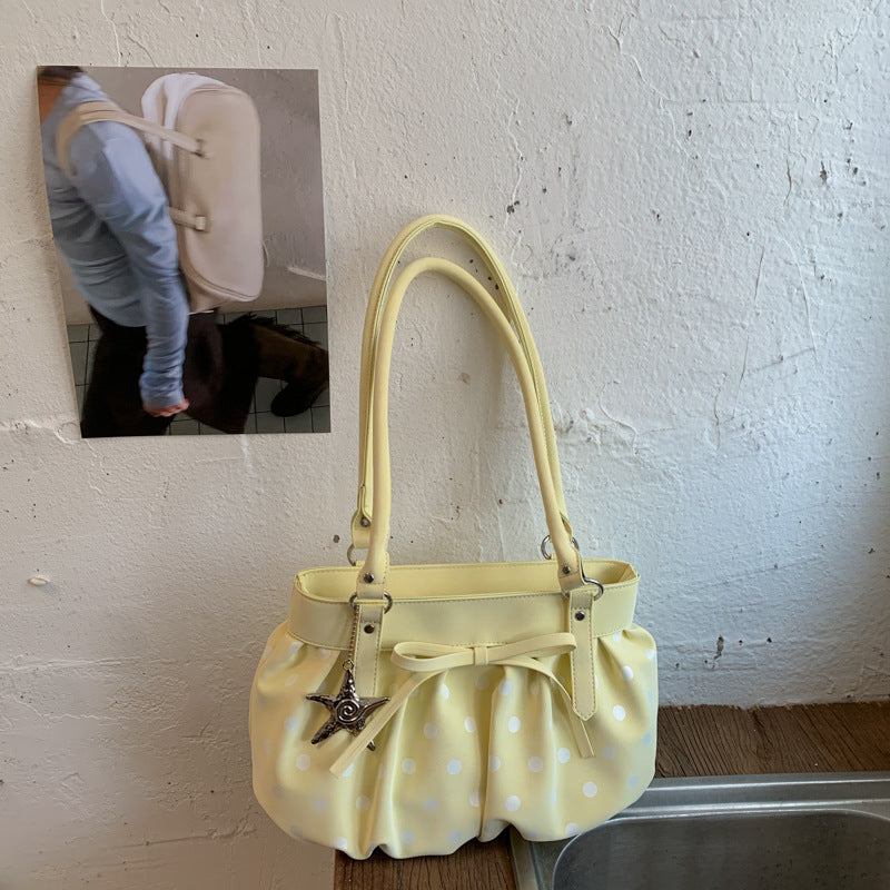 Korean Style Large Capacity Pleated Tote Bag with Polka Dot Print for Women, Casual Shoulder Bag for Daily Use