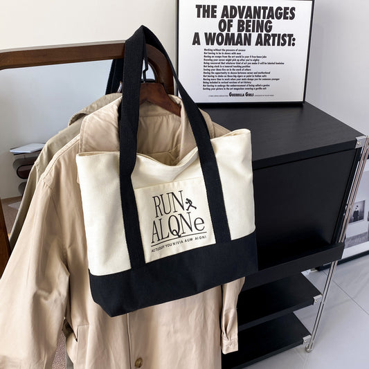 Stylish Canvas Tote Bag for Women - Urban Minimalist Design with Large Capacity and Print Details, Perfect for Daily Use and Shopping