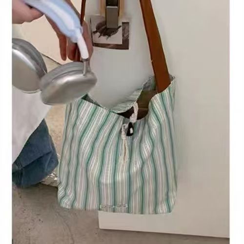 Striped Canvas Women's Tote Large Capacity Shoulder Bag Soft Texture Casual Versatile Daily Commuter Bag