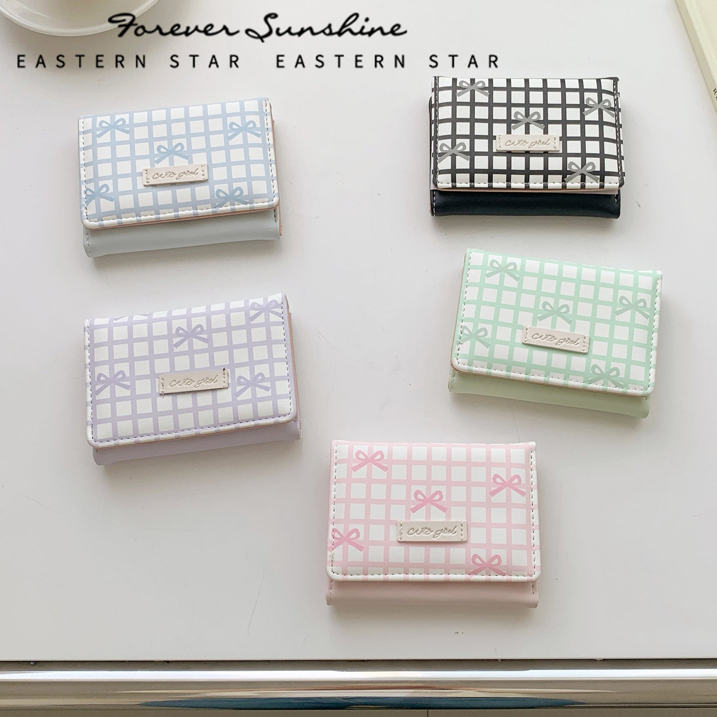 Cute Bow Grid Pattern Trifold Wallet for Women, Sweet and Simple Daily Style