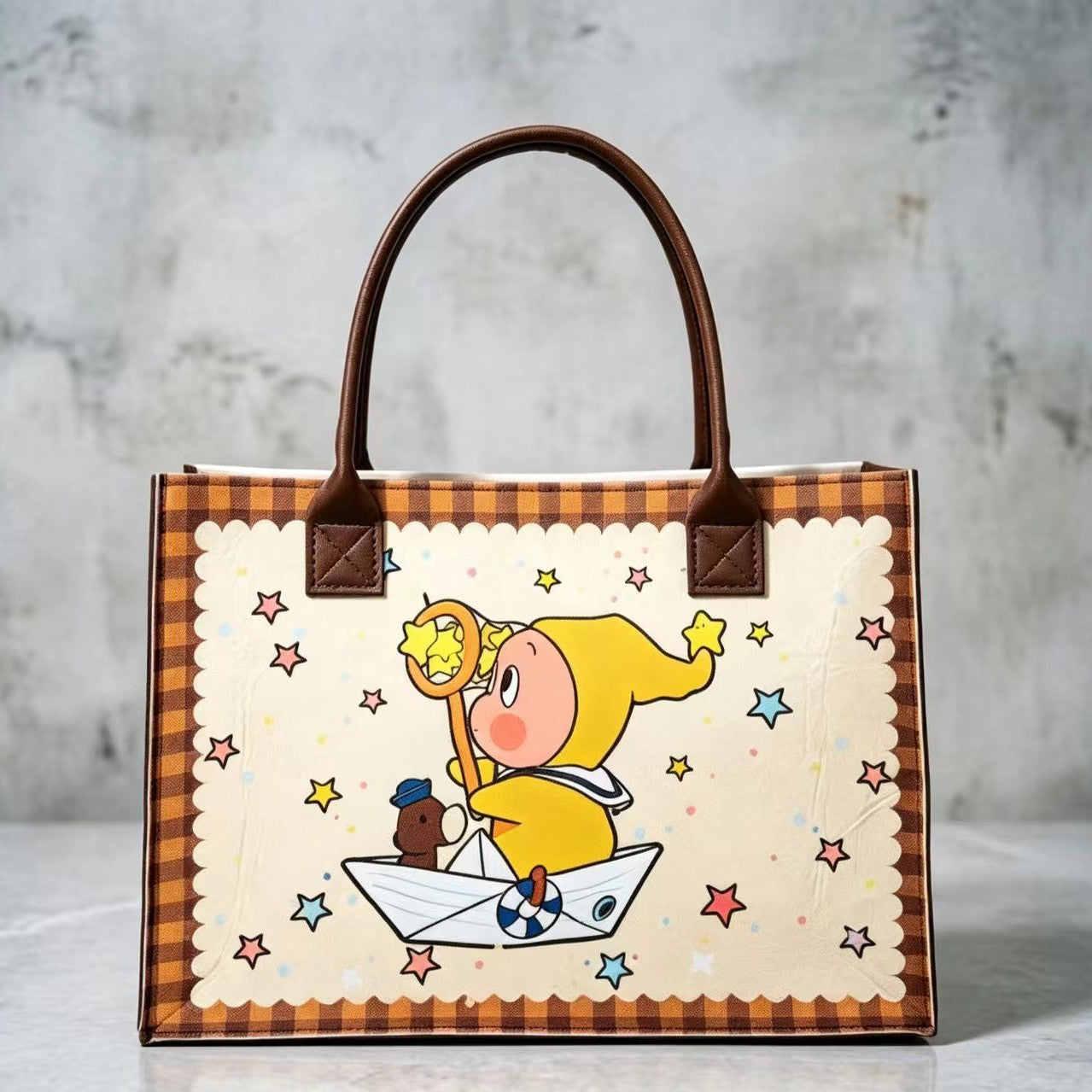 Cute Twinkle Character Tote Bag with Retro Cartoon Print, Large Capacity Daily Commute Handbag for Women