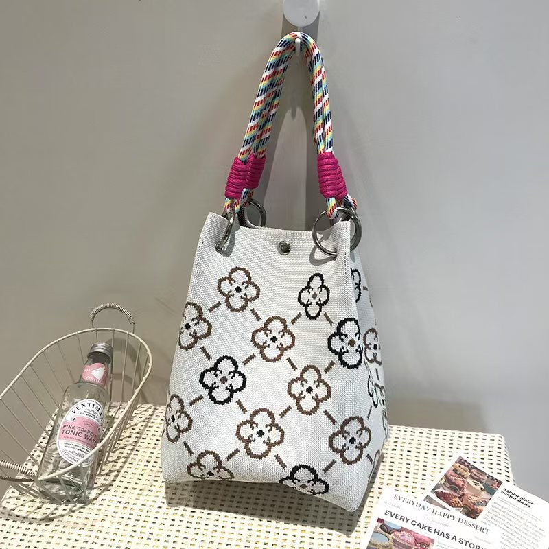 Black and White Rhombus Knitted Tote Bag Women's Casual Versatile Large Capacity Messenger Bag Handbag